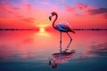 Pink flamingo on the lake at sunset, with reflection in water, flamingo in the sunset on the lake, AI Generated