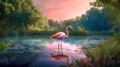 pink flamingo in nature in river in forest, made with Generative AI Royalty Free Stock Photo