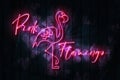 Pink Flamingo neon sign on a Dark Wooden Wall with pink hearts 3D illustration