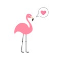 Pink flamingo on one leg. Talk think bubble with heart. Zoo animal collection. Exotic tropical bird. Cute cartoon character. Decor