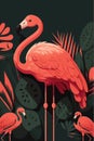 Pink flamingo with palm leaves. Tropical background. Vector illustration Royalty Free Stock Photo