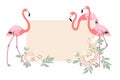Pink flamingo, peony flower and beige rectangular frame with copy space for design
