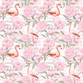 Pink Flamingo, Peony Flowers, Hand Written Text. Seamless Pattern. Watercolor