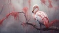 Muted Colors: Hyperrealistic Flamingo Bird Perched On Branch In Fog