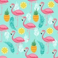 Pink Flamingo, Pineapples And Exotic Leaves Vector Seamless Pattern