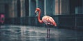 pink flamingo in rainy day in city generative AI