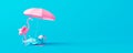 Pink flamingo and rubber shark with beach accessories on blue background. Summer vacation concept 3D Render
