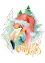 Pink flamingo in Santa hat watercolor hand drawn merry christmas illustration