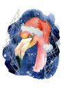 Pink flamingo in Santa hat watercolor hand drawn merry christmas illustration Royalty Free Stock Photo