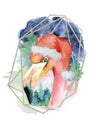Pink flamingo in Santa hat watercolor hand drawn merry christmas illustration Royalty Free Stock Photo