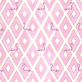 Pink Flamingo Seamless Pattern Vector with Geometric Rhombus Shapes and White Background and Gold Details Royalty Free Stock Photo