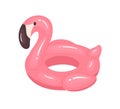 Pink flamingo-shaped inflatable rubber ring for swimming. Childish summer water toy for pool and sea. Flat vector