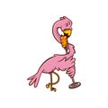 Pink flamingo singing song with retro microphone. Humanized tropical bird. Exotic creature. Cartoon vector icon Royalty Free Stock Photo