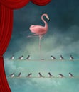 Pink flamingo and sparrow on a rope