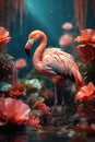 A pink flamingo standing in the middle of a body of water. Colorful flowers in pink pastel tones