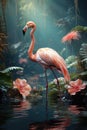 A pink flamingo standing in the middle of a body of water. Colorful flowers in pink pastel tones