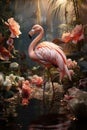 A pink flamingo standing in the middle of a body of water. Colorful flowers in pink pastel tones