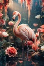 A pink flamingo standing in the middle of a body of water. Colorful flowers in pink pastel tones