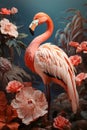 A pink flamingo standing in the middle of a body of water. Colorful flowers in pink pastel tones