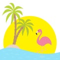 Pink flamingo standing on one leg. Two palms tree, island, ocean, see water, big sun sunset. Exotic tropical bird. Cute cartoon ch Royalty Free Stock Photo