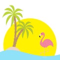 Pink flamingo standing on one leg. Two palms tree, island, ocean, see water, sunset. Exotic tropical bird. Zoo animal collection.