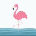 Pink flamingo standing on one leg. Water sea wave. Exotic tropical bird. Zoo animal collection. Cute cartoon character. Decoration