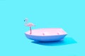 A pink flamingo standing on a pink boat against pastel blue background. Minimal surreal concept for summer holidays travel