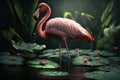 a pink flamingo standing in a pond of water surrounded by lily pads and green leaves Royalty Free Stock Photo