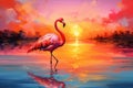 Pink flamingo standing on the water at sunset. Digital painting, flamingo in the sunset on the lake, AI Generated