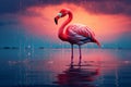 A pink flamingo stands in the water at sunset in the rain. Pink flamingo on the lake at sunset Royalty Free Stock Photo