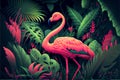 Pink flamingo surrounded from green tropical plants. Summer psychedelic back