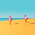 A pink flamingo toy standing and waiting flamingo toy running toward on nice sunny sunshine. Bright optimistic orange, marina blue Royalty Free Stock Photo