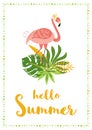 Pink flamingo Tropical leaves bouquet. Hello Summer text for flamingo party invitation Vector Royalty Free Stock Photo