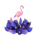 Pink flamingo with tropical leaves
