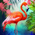 Pink flamingo, watercolor splashes, colorful paint drops. Beautiful illustration isolated on white background. Royalty Free Stock Photo