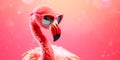 Pink flamingo wearing oversized, vibrant sunglasses and striking a pose against a colored backdrop , Generative AI