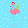 Pink flamingo with wing holding christmas fir tree. Santa Claus hat. Exotic tropical bird. Zoo animal collection. Cute cartoon cha Royalty Free Stock Photo