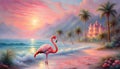 Pink flamingoes on the shore of the blue ocean, palm trees, blue sky, sun. Paradise landscape