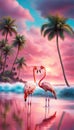 Pink flamingoes on the shore of the blue ocean, palm trees, blue sky, sun. Paradise landscape