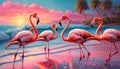 Pink flamingoes on the shore of the blue ocean, palm trees, blue sky, sun. Paradise landscape