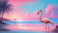 Pink flamingoes on the shore of the blue ocean, palm trees, blue sky, sun. Paradise landscape