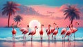 Pink flamingoes on the shore of the blue ocean, palm trees, blue sky, sun. Paradise landscape