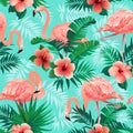 Pink flamingos, exotic birds, tropical palm leaves, trees, jungle leaves seamless vector floral pattern background. Royalty Free Stock Photo