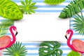 Pink flamingos, exotic tropical leaves and paper sheet vector illustration Royalty Free Stock Photo