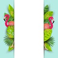 Pink flamingos, exotic tropical leaves and paper sheet vector illustration Royalty Free Stock Photo