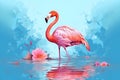 Pink flamingos illustration standing in the turquoise sea water under the blue sky with clouds on a sunny day, AI generative Royalty Free Stock Photo