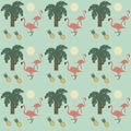 Pink flamingos, palm tree, pineapples and sun on a blue and aquamarine background