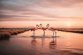 Pink flamingos in river at brilliant sunset Royalty Free Stock Photo