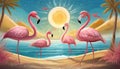 Pink Flamingos Sea Sand and sun. Vector Royalty Free Stock Photo