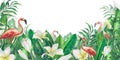 Pink flamingos among tropical palm leaves, monstera and plumeria flowers. Watercolor illustration. Banner from the BEACH Royalty Free Stock Photo